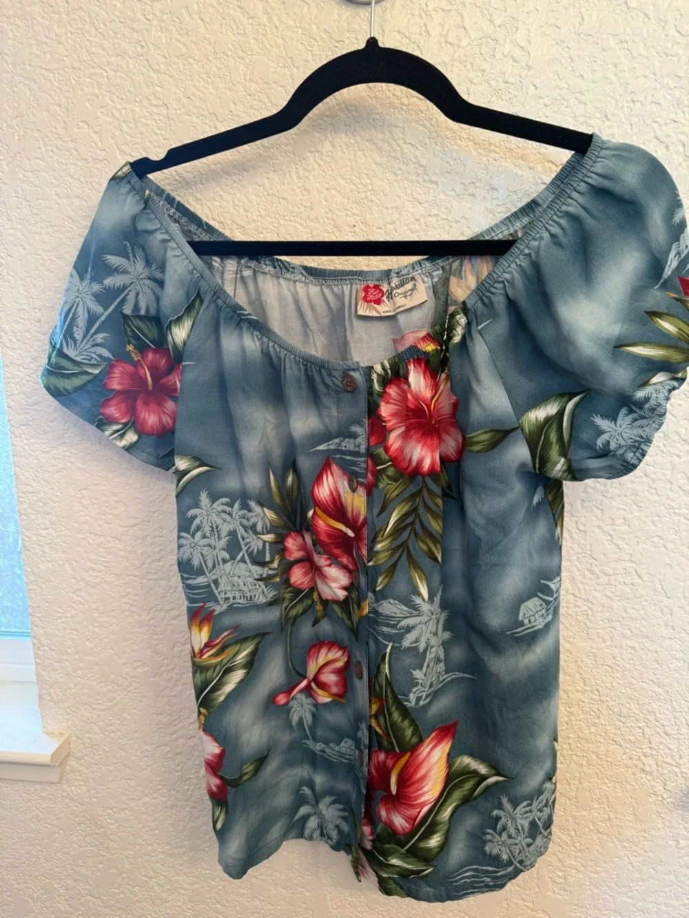 Hilo Hattie Hawaiian Tropical Blue Shoulder Blouse Vintage & Authentic Size XS - Picture 4 of 16